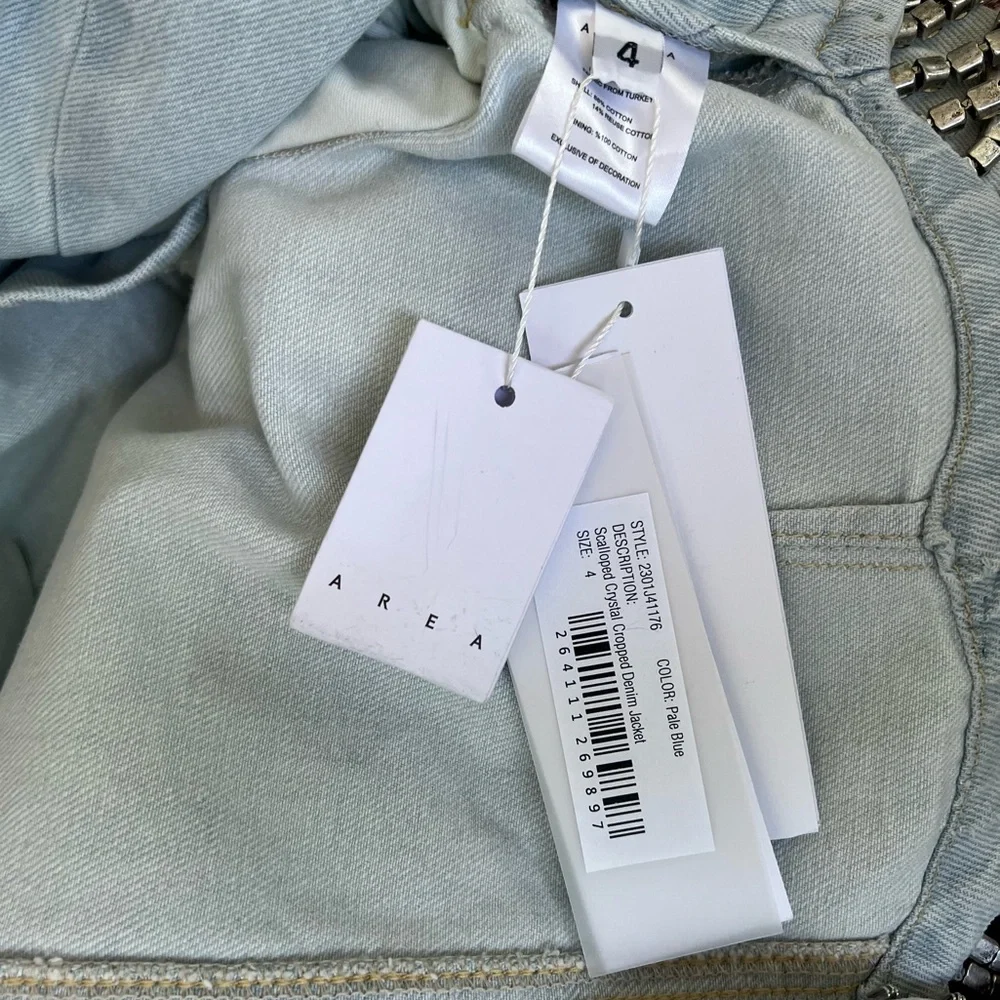⚡️⚡️AREA Scalloped Embellished Cropped Denim Jacket in Pale Blue, Size 4,NWT - Picture 16 of 17